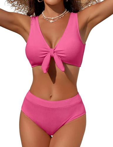 Svanco Maillot de Bain Femme 2 Pièces Gainant, Bikini Texturé avec Nœud Devant, Bas Taille Haute Ventre Plat, Confortable et Élégant pour la Plage et la Piscine