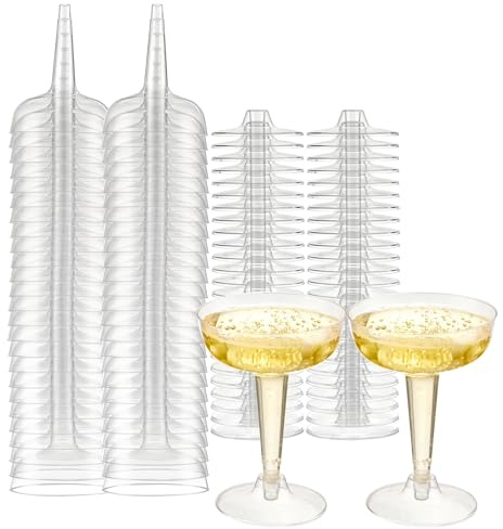 Oasis Creations Plastic Champagne Glasses Set (50 Count) 4 Ounce - Stem Cups 2 Pieces - Ideal for Birthday Party, Wedding Reception and More