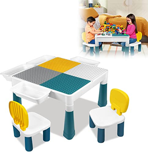 Froadp Tavolino per Bambini con 2 Sedie e 163 Blocchi da Costruzione Tavolo Multiattivita da Gioco con Scatola Portaoggetti Set di Tavoli e Sedie per Ragazzi e Ragazze dai 3 Anni in su (Tipo A)
