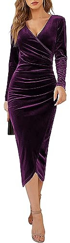 CheChury Longues Robe Femme Hiver Courte Velours Col en V Robe Moulante à Manches Longues Robe De Soiree Femme Cocktail Chaud Chic Sexy Robe,Violet,S