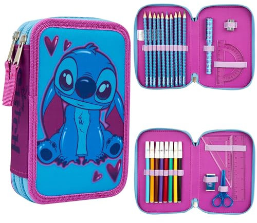 Disney Federmäppchen Mädchen Die Eiskönigin Stitch Federtasche Mädchen Gefüllt Schulmäppchen 2 3 Fächer mit Inhalt Schule Etui Pencil Case Schulmäppchen (Blau/Rosa Stitch Doppelmappe)