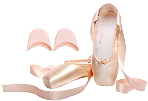 M&Catree Scarpe da Danza Punta Classica Scarpette da Balletto Pointe con Nastro e Puntali per Donna e Ragazza - Satin (Puntali in Silicone), CN 38 (EU 37)