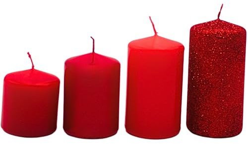 Adventskerzen, Stumpenkerzen, Adventskranzkerzen,Tischkerzen, Blockkerze, Tafelkerze in Adventrot und Rot-Glitter, Lieferumfang 4 Stück, gestuft von L/B/H 5 x 5 x 5 cm bis L/B/H 5 x 5 x 9 cm .