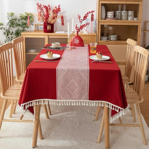 Musihy Banquet Tablecloths, Rectangle Tablecloth, Geometric Patchwork Fabric Table Cloth for Dining, Kitchen, Parties, with Tassel, Dark Red-Style3, 140x180cm(55x71in)