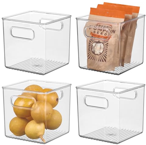 iDesign Pantry Storage Bins with Handles - Cube Organizer Bins for Cabinets or Fridge - Set of 4 - Clear