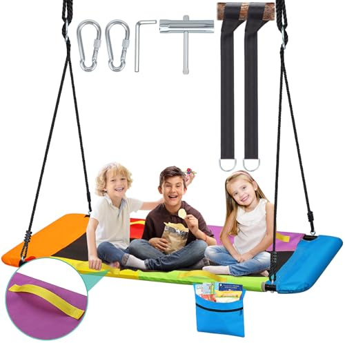 800lb Large 60 Platform Tree Swing for Kids Adults with Pocket | Anti-Sagging Outdoor Rectangle Swings with Handles | 900D Wear Resistant Big Flat Swings for Swing Set with Hanging Straps (Colored)