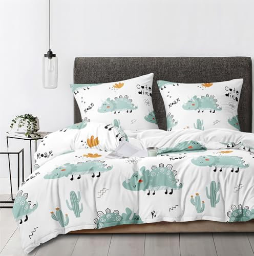 Boqingzhu Bettwäsche Dinosaurier 135x200 cm - Bettwäsche-Sets Grün Weiß Kinder Jungen Bettbezug mit 1 Kissenbezug 80x80 cm, Bettwäsche Weich mit Dino Muster
