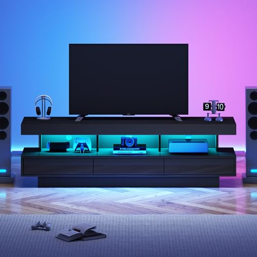 Mobile TV lucido con 3 scomparti in vetro, illuminazione LED, controllo app, connessione Bluetooth, per TV da 70, nero, 160 x 38 x 50,5 cm