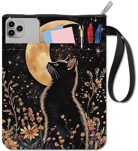craspire 11x8.6 Zoll Buchhülle Mit Schwarzer Katze Sonnenblume Mond Schutz Buchumschläge Taschenbücher Waschbarer Stoffbeutelgriff Mit Reißverschluss Fronttasche Für Buchliebhaber Leser