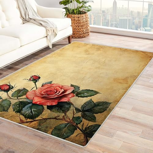 TZKRWRH Teppich Kurzflor Blumen Floral Vintage Rosen Braun Creme Rugs Wohnzimmer Schlafzimmer Vintage Teppiche Dünner Waschbar Blumendruck rutschfest Leicht(rot)-180x240cm