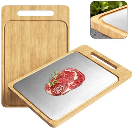 Wixovo Planche a Decouper Bois Bambou et Inox Double Face Antibacterienne, Planche a Decouper en Acier Inoxydable Bamboo avec Manche Rainure, Grande Planche Cuisine pour Viande Poisson Fruits Légumes