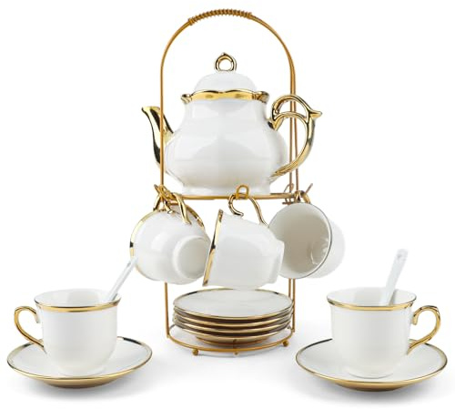 Hebaogugu 20 Pcs Porcelain Tea Set with Metal Holder, European Ceramic Tea Set for Adults, Coffee Tea Gift Sets, French Tea Cup Saucer Set for Party With Gold Trim (French White)