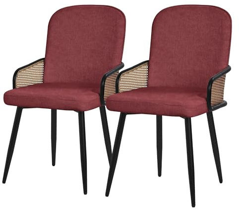 ML-Design Matsalsstolar 2-Pack Röd Tygstolar med Armstöd Rottinglook Stoppade Köksstolar Ergonomiska Lounge Stolar med Metallben Moderna Bekväma Vardagsrum Stolar Accentstolar för Matrum och Kök