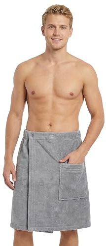 LAYNENBURG Premium bastukilt för män med knappstängning – 100 % bomull – Öko-Tex 100 – män bastuhandduk – frotté bastuhandduk, kilt elastiskt band för wellness, spa och bastu (M-XL ljusgrå)