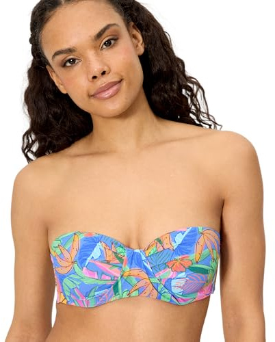 YSABEL MORA. Top Bikini Bandeau Estampado Tropical Copa C. con Aro Y Relleno. Tirantes Desmontables Anudados Al Cuello. Diseño Estampado Tropical con Detalle Drapeado .Colección Palms.