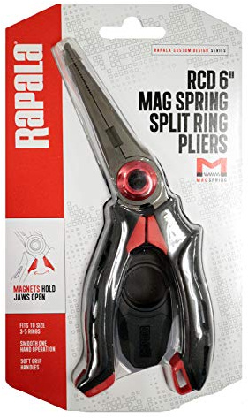 Rapala - Pinze e Forbici da Pesca RCD Mag Spring Split Ring Pliers in Acciaio Inossidabile con Impugnatura Ergonomica Morbida e Custodia Inclusa - Attrezzatura Pesca Professionale - 15cm - Nero/Rosso