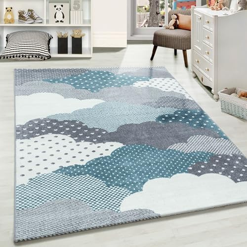 Carpetsale24 Kinderteppich Modern Wolken Design Blau und Grau 80 x 150 cm - Kurzflor Teppich Kinderzimmer Waschbarer Spielteppich Babyteppich für Junge und Mädchen Extra Weich und Antiallergen Läufer