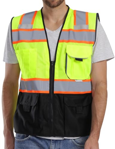 Dib Safety Vest Reflective with Pockets and Zipper, High Visibility Mesh ANSI Class 2, Made with 3M Reflective Tape, Yellow and Black Large