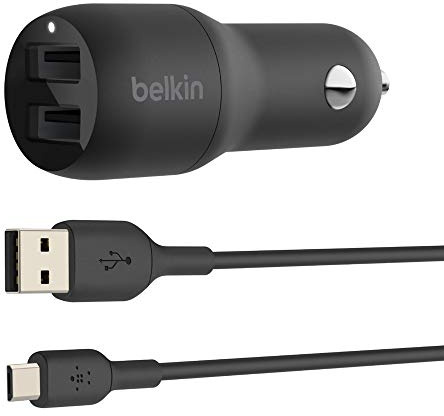 Belkin 24 Watt Dual USB Car Charger - 2 12W USB A Ports with Micro-USB Cable for Fast Charging Apple iPhone 14, 14 Pro, 14 Pro Max, iPhone 13, Samsung Galaxy, AirPods & More - USB-C Charger