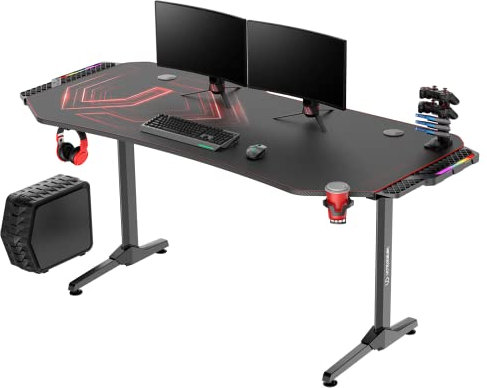 ULTRADESK Frag XXL RGB LED | Gaming-Schreibtisch mit großer Arbeitsfläche & XXL-Pad, 2 Kabeldurchlässe | Gut für Home Office, Fach für Steckdosenleisten | Stahlgestell, Rotes Pad, 160x75 cm