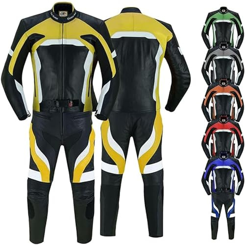 German Wear Motorradkombi Herren 2-teiler Biker Lederkombi aus Kalbsleder - mit alle Protektoren, abmehmbar & waschbar Thermofutter, Verstellbarer Taillengürtel und Reißverschluss-Taschen Gelb - 46