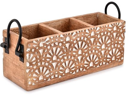 Indus Lifespace Mehrzweck-Besteckständer aus Mangoholz mit 3 Fächern, für Besteck, Servietten, Tassen, Organizer, 27,94 x 10,16 x 11,43 cm