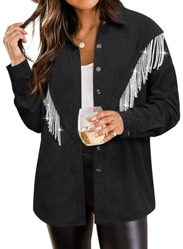 WIEIYM Women's Rhinestones Fringe Jacket Glitter Button Down Shirt Concert Outfits Long Sleeve Tassels T-Shirt Sequins College Party Jackets
