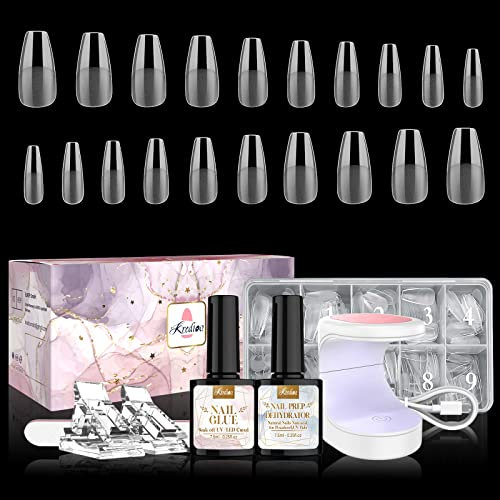 Kredioo Gel X Nail Extension Kit, 500Pcs Acrylic Nail Tips Medium Coffin Pre-Shaped with 4 in 1 Nail Glue Base Coat, UV Nail Lamp, Prep Dehydrator, Beginner Easy DIY Manicure Nail Art Kit