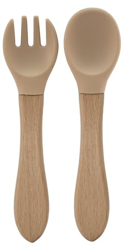 BABYZOCO Cubiertos Bebe - Cuchara y Tenedor de Aprendizaje, Silicona Grado Alimentario Sin Bpa, Antibacteriana, A partir de 6 meses, Silicona y Madera, Beige