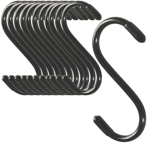 Cozihom S-Haken, 7,6 cm, strapazierfähig, vinylbeschichtet, gummierte S-Haken, extra dick, rutschfest, Metall, S-Aufhänger für Schrank, Garten, Garage, Küche, zum Aufhängen, Schwarz, 12 Stück