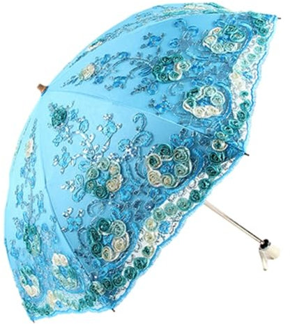 ihreesy Sonnenschirm für Damen, Taschenschirme UV-Schutz UPF 50+ Regenschirm 3D Blume Stickerei Winddicht Faltschirm Brautschirm Doppelstöckig Hochzeitsschirm Spitzenschirm mit 8 Rippen,Blau