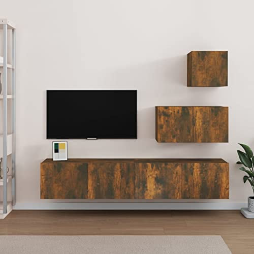 Homgoday Meuble TV salon, ensemble de meubles pour TV de salon, 4 pièces, chêne fumé en bois, multicouche, table pour TV, meuble TV salon, meuble bas pour TV de salon industriel, support TV ZZ