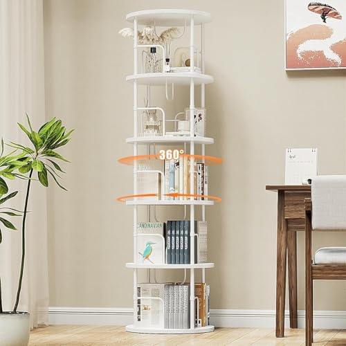Bibliothèque Rotative à 360°, Étagère Livre en Bois sur Pied, Bibliothèque Tournante à 5 Niveaux, Niveaux Réglables, Tour de Rangement pour Chambres, Bureaux et Salons, 45 × 45 × 160 cm, Blanc