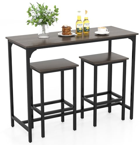 COSTWAY Tavolo con 2 Sgabelli in Metallo e Legno, Set da Pranzo 3 Pezzi, Tavolo Rettangolare da Cucina con 2 Sedie per Sala da Pranzo, Appartamento e Bistro, Stile Retrò (Grigio)