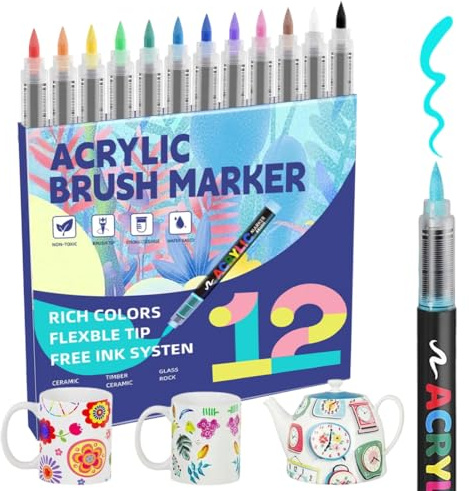 YAYNO Lot de 12 stylos en porcelaine - Passe au lave-vaisselle - Pour peinture en céramique - Couleur porcelaine - Stylos à peinture pour verre imperméable - Passe au lave-vaisselle - Couleur
