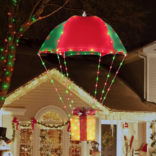 Geemoo Illuminazione Natalizia Esterna a Batteria, Scatola Regalo LED 85cm Paracadute Catena Luminosa a Batteria con Timer, 8 Modalità, Catena Luminosa Impermeabile per Decorazioni Natalizie Interno