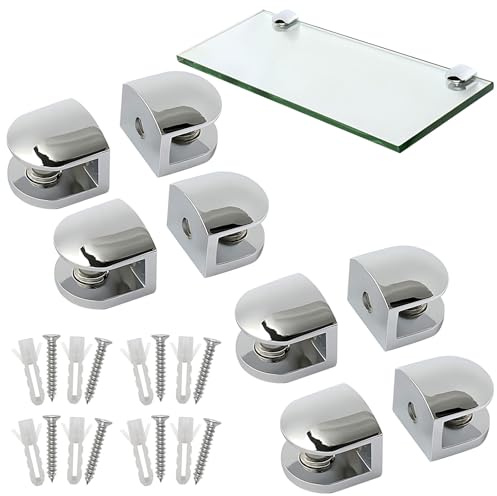 Heavy Duty Chrome Glass Shelf Brackets - Wall Mounting Glass Fitting for Kitchens, Bathrooms & Showcases - Includes Screws & Wall Plugs (8)