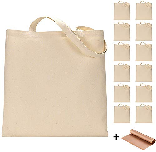 FunisFun 12 Pack Blank Canvas Tote Bags Bulk Reusable Shopping Grocery Bag for Crafts with a PTFE Teflon Sheet DIY