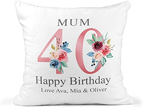 Personalised 40th Birthday Cushion - Floral Number 40 - Custom Name And Family Names