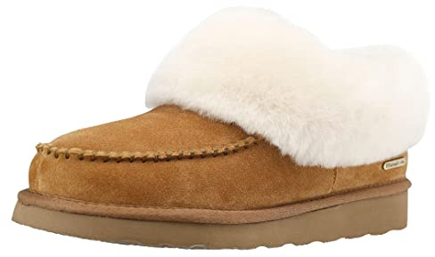 PAMIR Women's Moccasin House Shoes -Genuine Suede, Sheepskin Trim, Memory Foam, Indoor/Outdoor Slipper Boots (Chestnut, 6 UK)