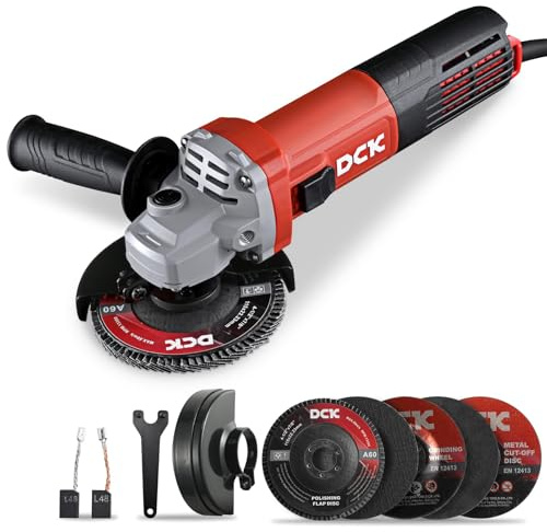 DCK 9.0 Amp Angle Grinder, 4-1/2 Inch Electric Grinder Power Tool, 11800 RPM, Auxiliary Handle and 2 Safety Guards, 6 Piece Discs, Copper Angle Grinder for Cutting, Grinding, Polishing (KSM17-115B)