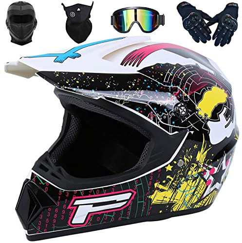 Casco Motocross Bambino Set, Casco Integrale Cross, Casco da Motocross con Occhiali Guanti Face Mask Passamontagna, per Bambini E Adulti, casco da Motociclista AVT MX per Downhill Offroad Enduro