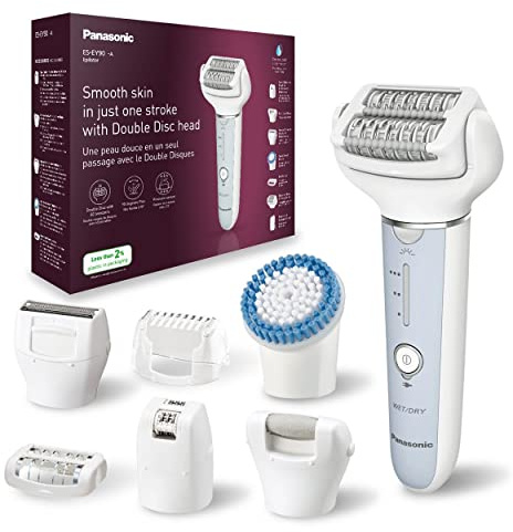 Panasonic ES-EY90 Nass/Trockenepilierer Damen, Dual Disc mit 60 Pinzetten, 90° schwenkbarer Kopf, 3 Geschwindigkeiten & LED-Licht, 30 Min. Betrieb, kabellos, Haarentferner, Scher- und Fußpflegekopf