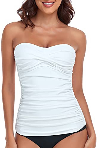 RELLECIGA Women's White Ruched Bandeau Tankini Top Swimsuits Size Medium