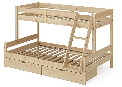 VitaliSpa Etagenbett Everest, Naturholz, 120x200 / 80x200 cm mit Schubladen, mit integrierter Treppe und stabilem Lattenrostsystem