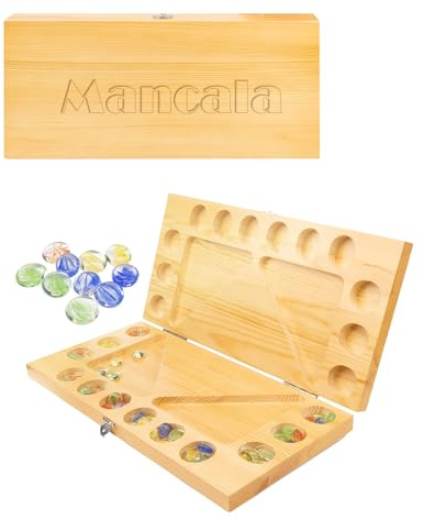 4 Players Mancala Board Game, Solid Wood Folding Mancala Board with Multi-Color Glass Stones, Mancala Family Travel Strategy Games Set with Game Instruction