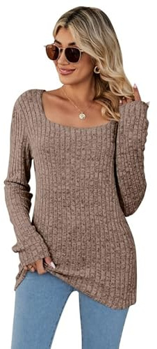 Rongseng Maglioni da Donna Maglia a Maniche Lunghe con Scollo Quadrato Sexy Slim Tunica Tops Elegante Pullover Morbido Leggero Sweatshirts T-Shirt Casual Felpa Moda Bluse per l'Autunno Inverno