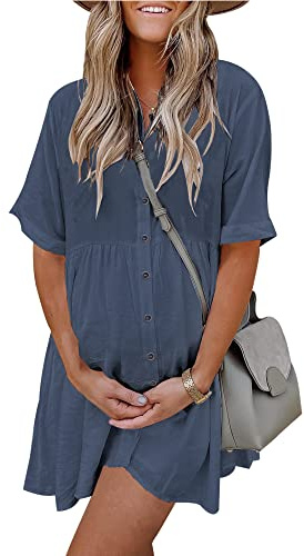 PYGFEMR Women's Summer Short Sleeve Babydoll Dress Casual Button Down Dresses with Pockets Gray Blue XL