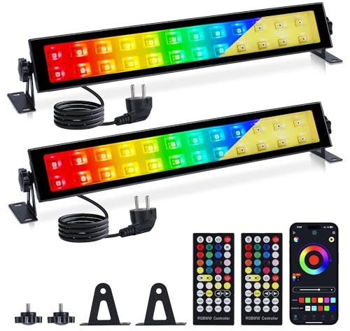 VAYALT 2 faretti LED RGB da 48 W RGB da parete con controllo APP Bluetooth e barra LED dimmerabile, IP66, impermeabili, per DJ discoteca, giardino, Halloween (bianco caldo + luce fredda)