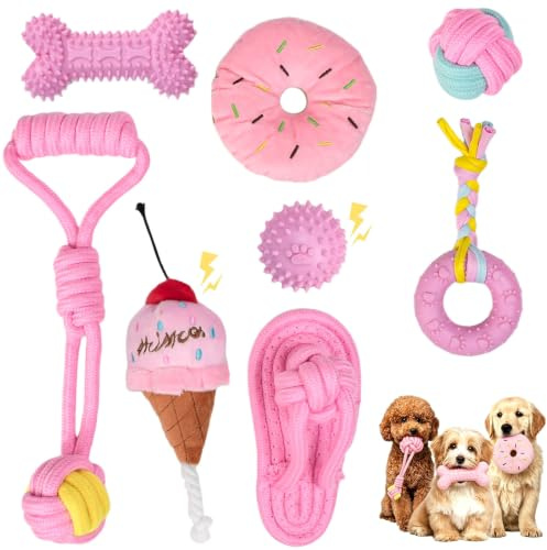 FTISSLY Lot de 8 Jouets pour Chiots, Ensemble de Dentition en Corde, Jouets à Mâcher Interactifs avec Sifflets, pour Petites et Moyennes Races, Idéal pour Les Chiens de 8 Semaines et Plus, Rose